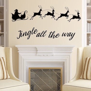 Christmas Santa Claus Wall Decal Elk Wall Stickers All The Way Quote Wall Sticker Living Room Winter Window Art Mural Black Removable DIY Wall Decals for Christmas Party Xmas Decorations