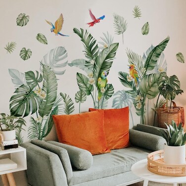 NXUEBDU Jungle Wall Decals Tropical Wall Stickers Palm Leaves Plant Wall Stickers Birds Vinyl Wall Art Murals for Living Room Bedroom Office Wall Decor