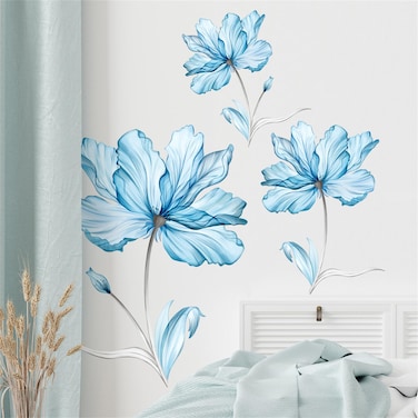 WOHAHA Large Blue Flowers Wall Decals Floral Wall Stickers Peel and Stick Blossom Plant Removable Waterproof Wall Murals Decor Girls Bedroom Living Room Home Decoration Art