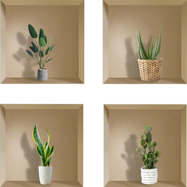 3D Vinyl Removable Green Plants Wall Stickers Decals, Potted Botanical Plant Creative Adhesive DIY Magic Pictures Succulent Wall Decor Wallpaper Mural for Living Room Kitchen,Set of 4
