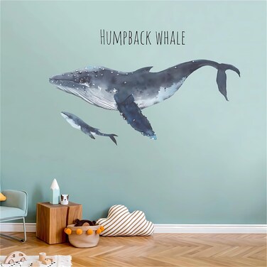 Humpback Whale Wall Stickers, sacinora Blue Sea Creature Animal Wall Decals Removable Vinyl Peel and Stick for Living Room Bedroom Bathroom Children's Room Sofa TV Background Art Decorations