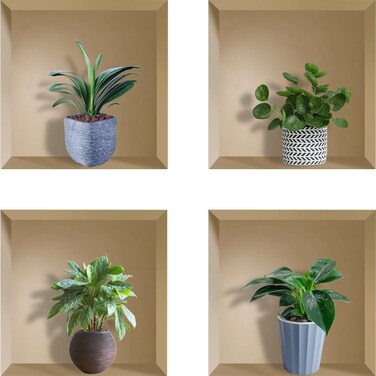 3D Green Potted Plants Wall Stickers Decals, Botanical Leaves Creative Adhesive DIY Vinyl Removable Magic Pictures Wall Decor Wallpaper Mural for Living Room Kitchen,Set of4