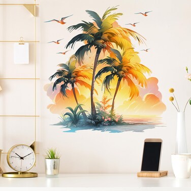RoyoLam Beautiful Sunset Palm Trees Seagull by The Sea Wall Decals for Living Room Wall Stickers Removable Peel and Stick Waterproof Wall Art Decor Stickers for Bedroom Bathroom Office