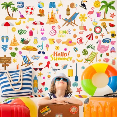 Haull Wall Sticker 107pcs Summer Beach Flamingo Decal Set for Home, Kitchen, Party Decoration, PVC, 6 Sheets, Kid Friendly, Reusable, Tropical Themed