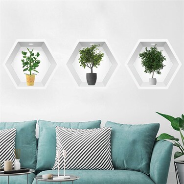 WOHAHA Green Plant Wall Stickers for Living Room Tropical Green-Leaved Plants Hexagonal Picture Frames Wall Decals Bedroom Removable Murals Peel and Stick Wall Decals Home Wall Art Decorations