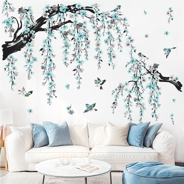 wondever Large Watercolor Flower Branch Wall Stickers Blue Blossom Tree Branches Peel and Stick Wall Art Decals for Living Room Bedroom TV Wall