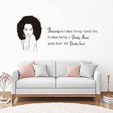 Home Decal Beauty Salon African Woan Wall Sticker Quotes Inspirational Beauty is Having a Pretty Mind and Soul Wall Decor for Living Room Wall Mural (Black (TM-13))