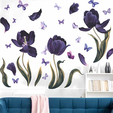 Purple Tulip Butterfly Flower Wall Stickers, sacinora Rose Peony Floral Art Plant Wall Decals Removable Vinyl Peel and Stick for Living Room Bedroom Children's Room Sofa TV Background Decorations