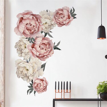 Large Peonies Flower Wall Stickers, sacinora Delicate Peony Rose Floral Art Wall Decals Removable Vinyl Peel and Stick for Living Room Bedroom Nursery Children's Room Sofa TV Background Decorations