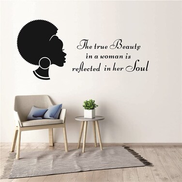 Home Decal African Woman Wall Sticker Quotes Inspirational Words The True Beauty is Soul Wall Decor for Living Room Girl Rooom Beauty Salon Wall Mural (TM-53)