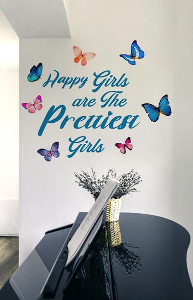 Happy Girls are The Prettiest Girl Wall Decal, Inspirational Quotes Sticker Butterfly Decor Motivational Saying Wallpaper Mural Viny for Girl&acirc;&euro;&trade;s Bedroom Classroom Dance Studio