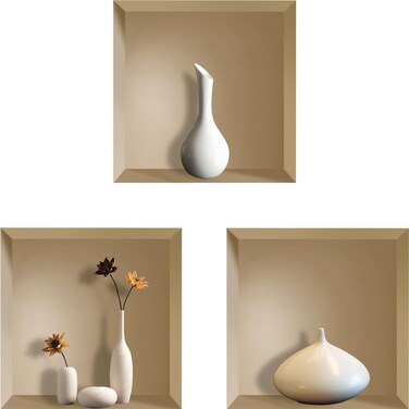 3D Vinyl Removable White Porcelain Vase Wall Decals, Flower Pots Plants Stereo Stone Magic Wall Stickers, Creative Adhesive DIY Wallpaper Mural for Living Room Bedroom Sofa Backdrop ,Set of 3
