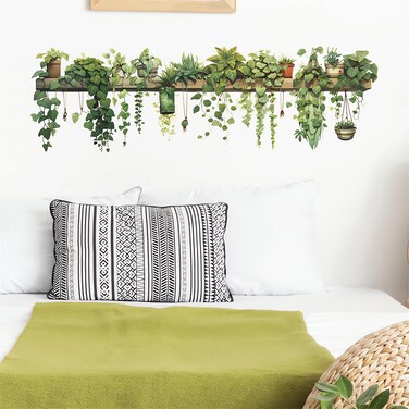 Green Plants Potted Wall Stickers, sacinora Hanging Green Leaves Art Wall Decals Removable Vinyl Peel and Stick for Living Room Bedroom Kitchen Study Room Playroom Home Decorations