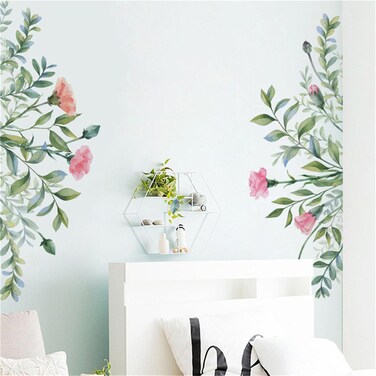 WOHAHA Green Leaves Wall Stickers Red Flower Wall Decals DIY Home Wall Decoration Removable Plants Leaves Home Decoration for Bedroom TV Background Living Room