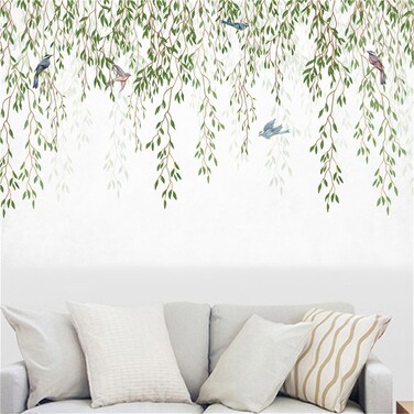 Green Vine Leaves Wall Decals Peel and Stick Hanging Green Ivy Plants Leaf Birds Wall Stickers Living Room Bedroom Office Sofa TV Background Wall Decor 34.6in*20.8in