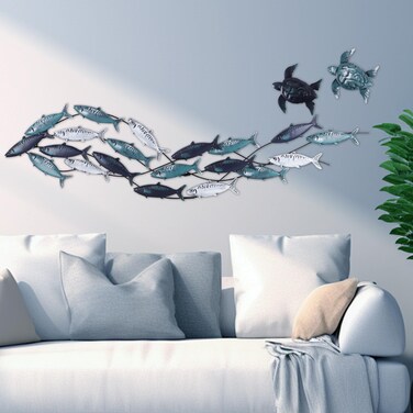 Ocean Metal Fish Wall Decor, Coastal Modern Marine Metal Wall Art Decor, Nautical Ocean Wall Sculptures, Coastal Beach Home Decor for Bedroom Decor, Living Room Decor, with Two Metal Turtles