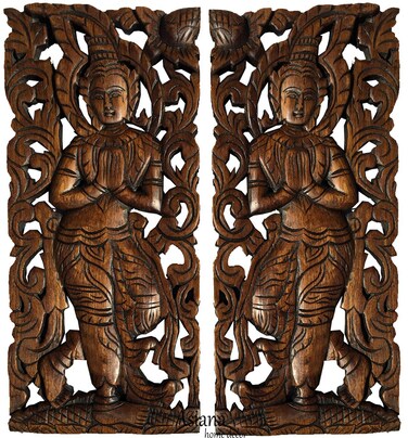 Sawaddee Wall Sculpture. Thai Wood Wall Art - Asian Carved Wood Wall Decor Size 17.5&acirc;&euro;x7.5&acirc;&euro;x1" Each, Set of 2 Pcs.