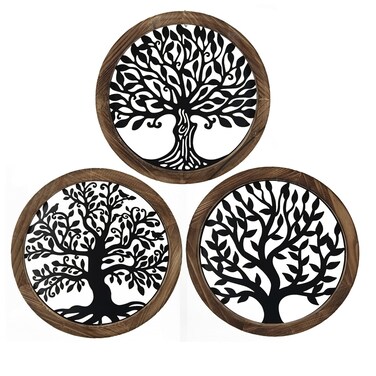 crossmoon Tree of Life Wooden Wall Art Decor Wall Sculpture Hollowed Out Metal Tree Wall Hanging Sign Decoration Supplies 11Inch 3 Packs