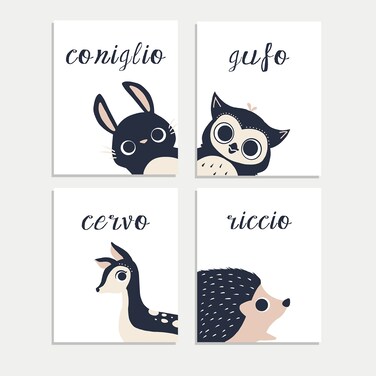Peeking Animal Collection in Italian, Children's Wall Art, Set of Four 8x10 Prints, Woodland Animals, Rabbit, Deer, Owl, Hedgehog, Woodland Nursery, Kids Room, Baby Room Decor, Animals Wall Decoration