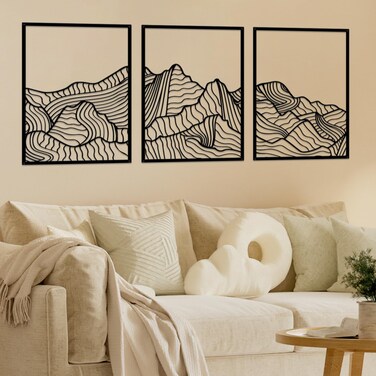ruelen Wall Decor 3 Pcs Metal Wall Art, Mountain Line Abstract Minimalist Wall Art Rustic Nature Wall Decororation Hanging Sculpture for Home Bedroom Bathroom Living Room (Black)