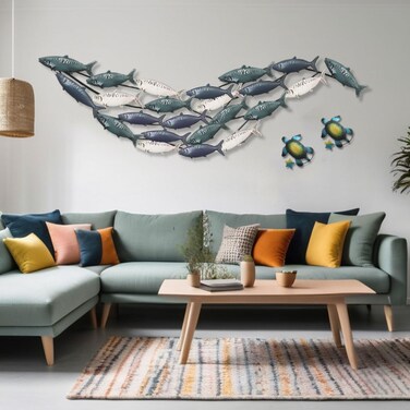 jvsufuik Coastal Metal Fish Wall Decor, Large Metal Fish Wall Art, Nautical 23 Fish Wall D&Atilde;&copy;Cor with 2 Metal Turtles, Wall Sculptures Fish, School Of Fish Wall Decor for Living Room, Size 59" X 17.3