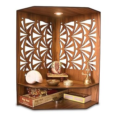Beautiful Wooden Pooja Stand Mandir for Home Temple for Office Puja Mandir for Home Wall with LED Spot Light Product (H- 17, L- 10, W-15 Inch)