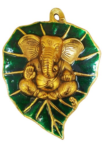 Purpledip Metal Wall Plaque Ganesha: Ganapathi Idol on Auspicious Peepal Leaf (11541)