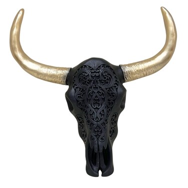 BestGiftEver Tribal Wall Sculpture in Black Bull Head Skull with Golden Horns - Faux Taxidermy Decorative Carvings - Native American Southwest Rustic Hanging Wall Decoration