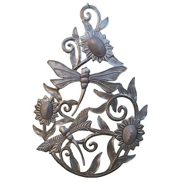 Unique Metal Dragonfly Art, Handcrafted Haitian Folk Art, Dragonfly in Sunflower Tear Drop Shape, Metal Garden Decor 13 x 18 Inches