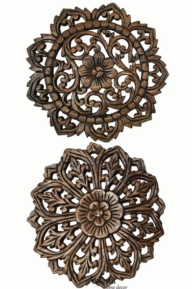 Asiana Home Decor Set of 2 Round Carved Wood Wall Art. Oriental Carved Lotus Round Wood Plaque in Brown Finish Size 12"x12"x0.5