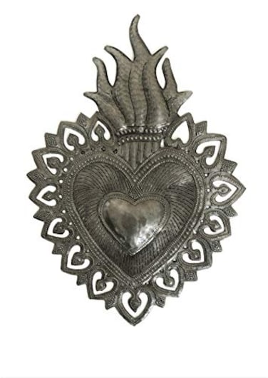 Sacred Heart, Flaming Heart, Religious Folk Art, Spiritual Home Decor, Haitian Metal Wall Art 7.25 X 10.25 Inches