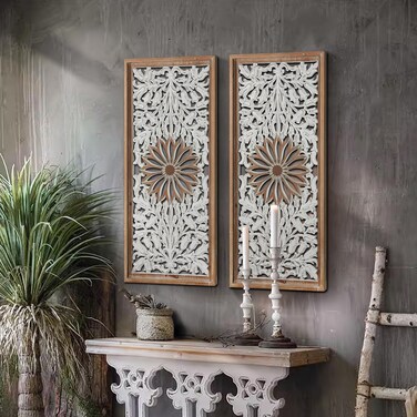 XIAOAIKA Boho Carved Wood Wall Art - Distressed Antique Floral Design Decorative Wall Panels, Large Wood Sculpture for Living Room, Bedroom, Entrance Hall (33 Inches, 2 Panels)