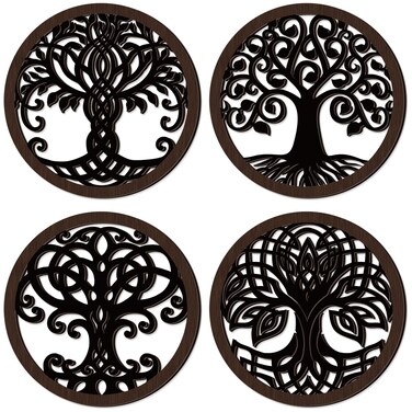 Peryiter 4 Pcs Tree of Life Wall Art Decor Wooden Tree Art Wall Sculpture 11.8 Inch Tree of Life Wood Wall Decor Hollowed Out Tree Wall Hanging Sign for Farmhouse Home Wall Hanging Decoration Supplies