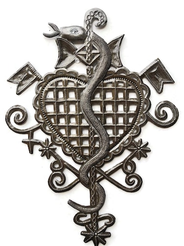 Voodoo Veve Lwa Vodou - Handmade Wall Hanging Artwork from Haiti, Snake, Sword, and Heart, Authentic Upcycled Art, 11.5 x 15.5 Inches