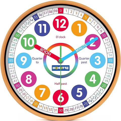 Homotte Kids Wall Clock for Bedroom, 10 Inch Round Multi-Colored Learning Clock, Children&#39;s Silent Analog Non-Ticking Educational Wall Clock for Boys and Girls Classroom Home Decor