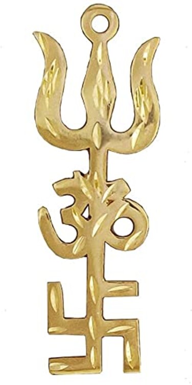 Pam Herbals Indian Traditional Trishul Om Swastika Yantra Spiritual Metal 6" Wall Hanging Showpiece Ornament/Hindu Religious Trisakthi Vastu Pooja Item Collectible - Home Decor Gift
