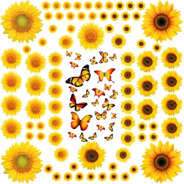 116 Pieces Sunflower Wall Stickers 3D Butterfly Wall Decals, Removable Self Adhesive Sunflower Yellow Flowers Butterfly Decal Waterproof Wall Decor for Kitchen Bathroom Bedroom (Simple Style)