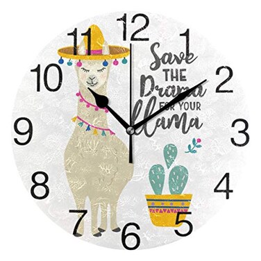 senya Cute Llama Alpaca with Cactus Design Round Wall Clock, Silent Non Ticking Oil Painting Decorative for Home Office School Clock Art