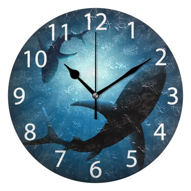 senya Sharks Under Water Round Wall Clock, Silent Non Ticking Oil Painting Decorative for Home Office School Clock Art