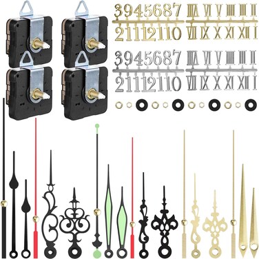4 Pieces Quartz DIY Wall Clock, Clock Numerals Kit, Movement Mechanism Battery Operated Clock Motor Kit with 6 Different Pairs of Hands for DIY Clock Repairment