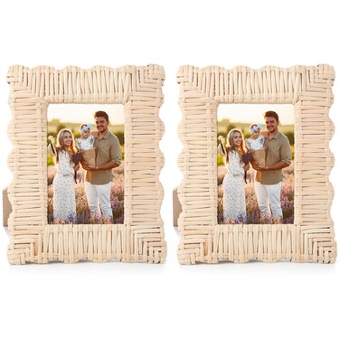 Lineshading 2 Pack Scalloped Frame 4 x 6 Inch Rattan Photo Frame Woven Wicker Picture Frame for Wall Tabletop Display Home Decor Accessories Gifts for Family Friends