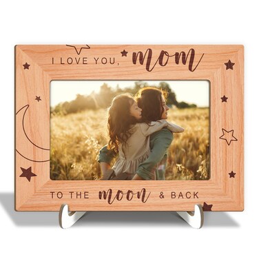 Mom Picture Frame - I Love You Mom to the Moon &amp; Back, Photo Frame Gift for Women Mama Mother, Wood Picture Frame with Wood Stand, Home Shelf Desk Decor Tabletop Display, Fits 4x6" Horizontal -09