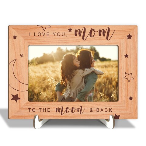 Mom Picture Frame - I Love You Mom to the Moon &amp; Back, Photo Frame Gift for Women Mama Mother, Wood Picture Frame with Wood Stand, Home Shelf Desk Decor Tabletop Display, Fits 4x6&quot; Horizontal -09