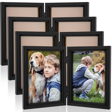 Kigley 4 Pcs 5 x 7 Double Picture Frames Hinged Vertical Double Standing Picture Frames Black 2 Opening Folding Family Frames for School Family Collage Tabletop Displays Decoration