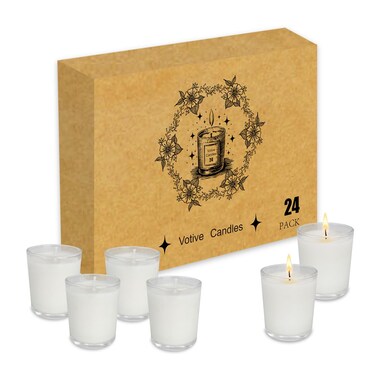 24 Pack Unscented Votives Candles in Glass- Ideal Gift for Wishing,Hydrotherapy, Wedding, Birthday, Holiday, Party,Votive Candles Bulk, Transparent Glass Filled, Wishing Candles