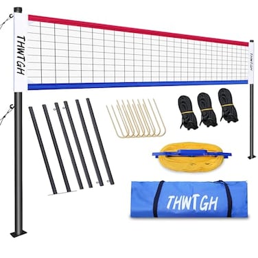 THWTGH Portable Outdoor Volleyball Net Set with Adjustable Height Aluminum Poles, Volleyball Net for Backyard, Anti-Sag Design, Portable Volleyball Net for Backyard,Grass and Beach