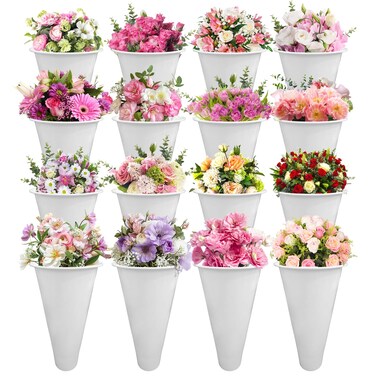 16 Pcs Plastic Flower Buckets, 14.5 Inch Tall Floral Bucket for Cut Flowers, Multipurpose Plastic Flower Vase for Flower Display Stand Patio Garden, Living Room, Home Wedding Decorations (White)