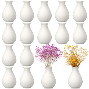 Tioncy 15 Set White Ceramic Bud Vases Bulk 3.9 Inch Boho Small Flower Vases Valentine's Day Centerpieces White Ceramic Vases for Dry Flowers Pampas Garss Home DIY Wedding Table Decor (Classic)