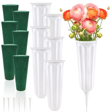 Goaste 6 Pack Cemetery Vases with Spikes, Memorial Floral Vases with Foam Inserts, Grave Flower Holder Cones for Outdoor Use, Lawn Headstone Graveside Decoration, Fresh or Artificial Flowers, White