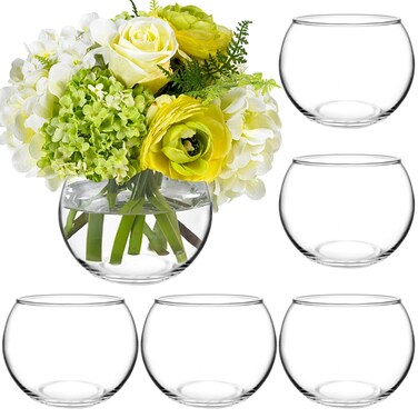 PINIWON 6 Pack Clear Round Glass Vases, 4.7&acirc;&euro; W x 3.7&acirc;&euro; H, Bubble Bowl Flower Vase for Table Centerpieces, Candle Holders for Wedding Event Home Decor